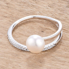 .15Ct Rhodium Plated Freshwater Pearl Ring With CZ Micro Pave Band - JGI