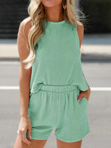 Round Neck Sleeveless Top and Shorts Set - Trendsi - Flyclothing LLC