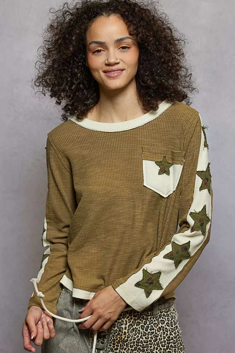 POL Round Neck Long Sleever T-Shirt with Star Patch - Trendsi - Flyclothing LLC