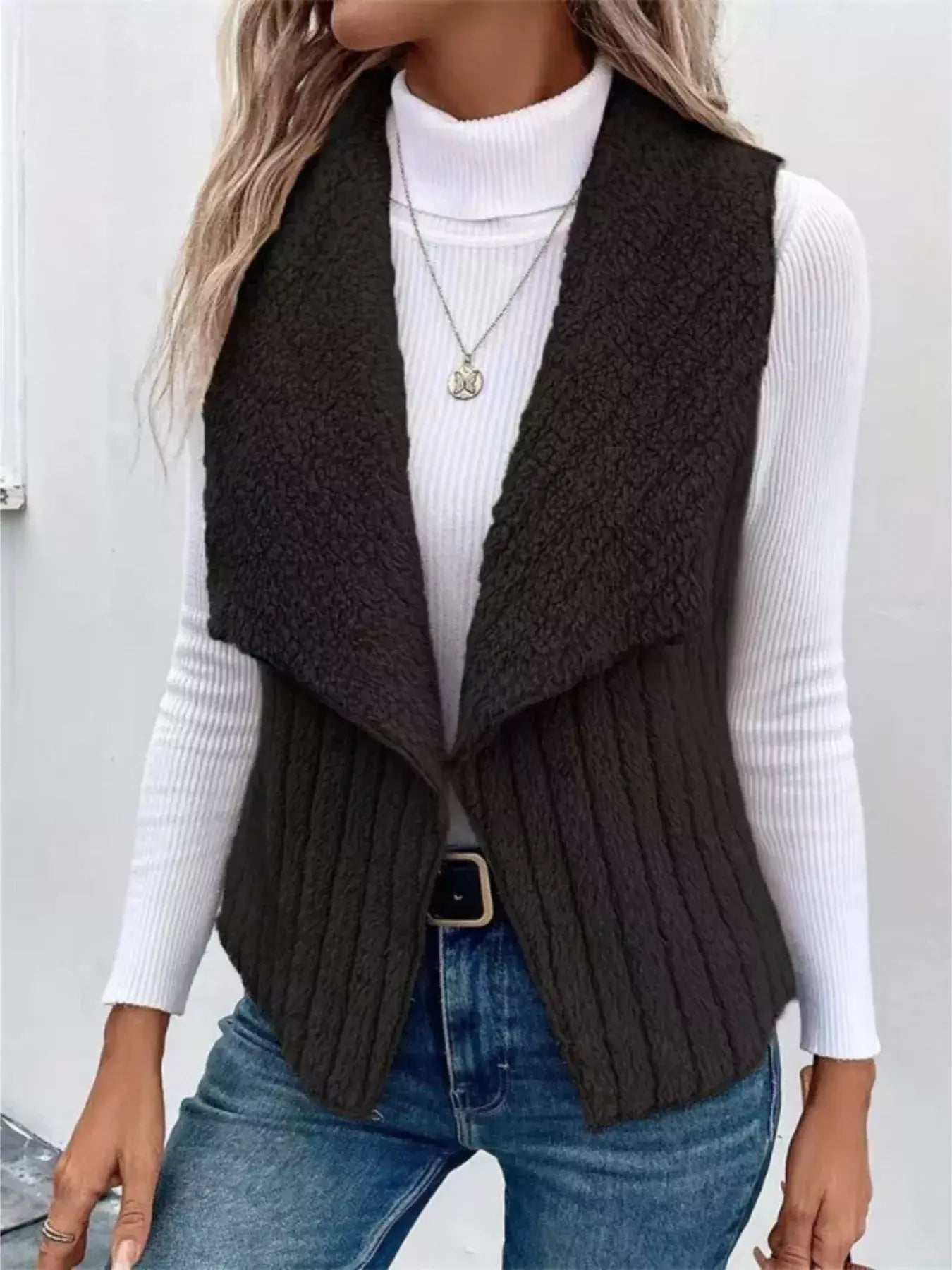 Cozy Fleece Open Front Vest Coat - Trendsi - Flyclothing LLC