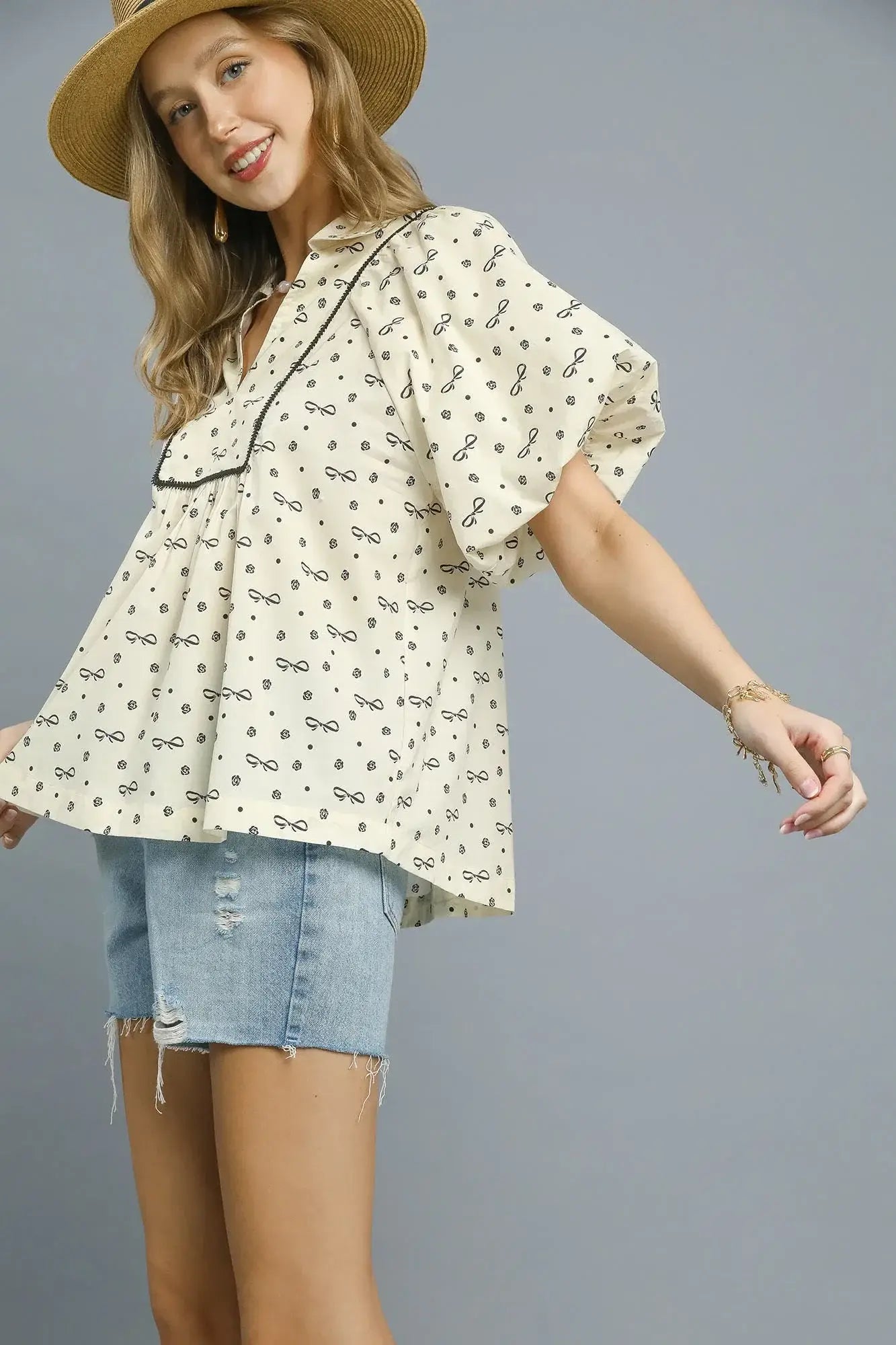 Umgee Bow Print Puff Sleeve Blouse - Trendsi - Flyclothing LLC