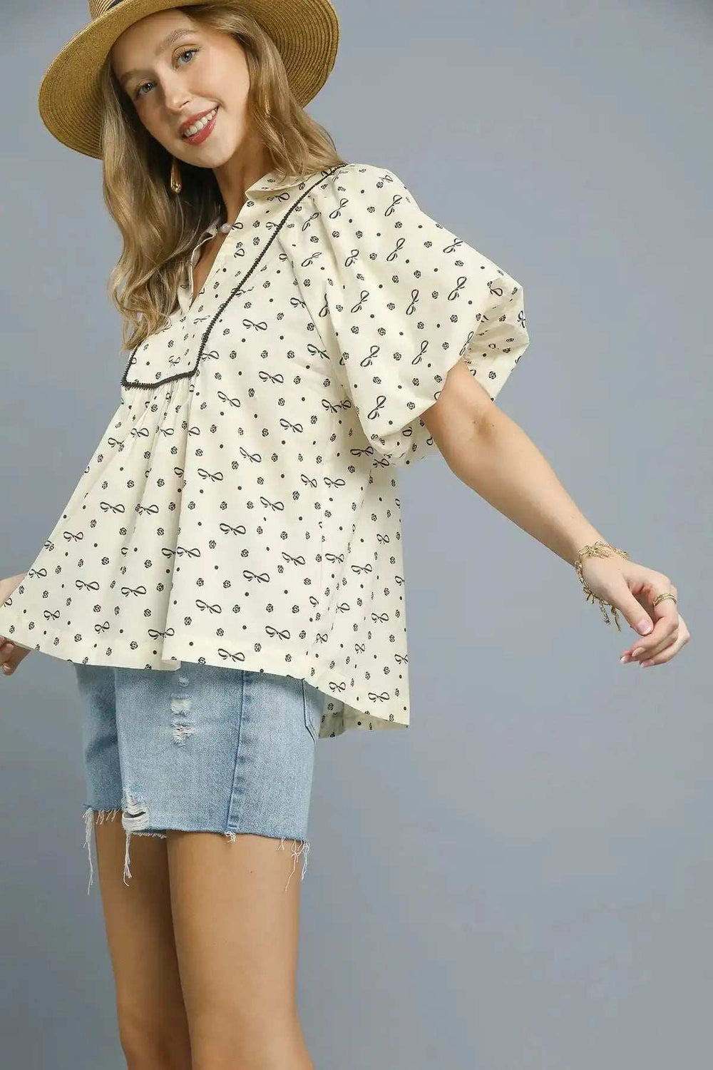 Umgee Bow Print Puff Sleeve Blouse - Trendsi - Flyclothing LLC