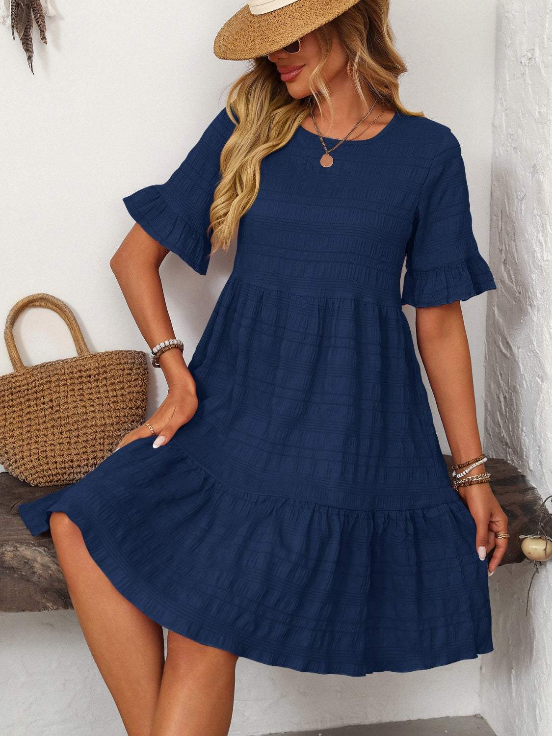 Mandy Ruffled Ruched Round Neck Half Sleeve Dress - Trendsi - Flyclothing LLC