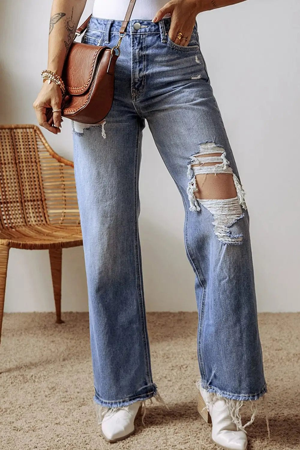 Distressed Straight Leg Jeans with Pockets - Trendsi
