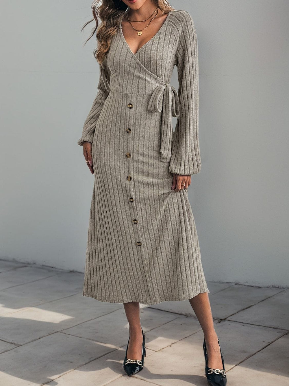Perfee Ribbed Tied Surplice Long Sleeve Dress - Trendsi