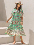 Ruched Printed Puff Sleeve Midi Dress - Trendsi