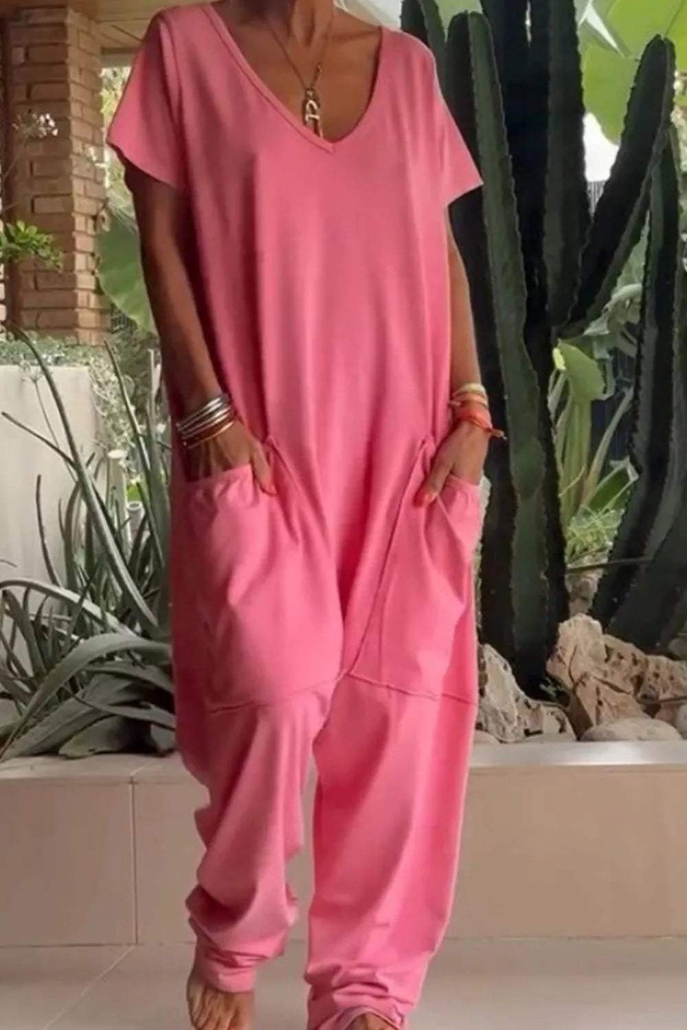 Full Size Casual V-Neck Short Sleeve Jumpsuit with Pockets Plus Size - Trendsi - Flyclothing LLC
