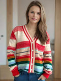 Striped Button Down V-Neck Long Sleeve Cardigan - Trendsi - Flyclothing LLC