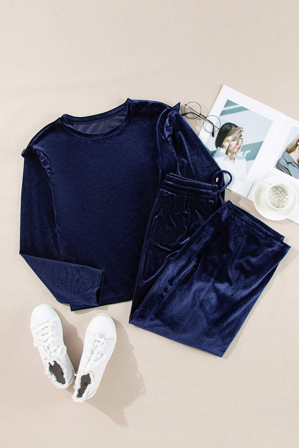 Frill Round Neck Long Sleeve Top and Pants Set - Trendsi - Flyclothing LLC