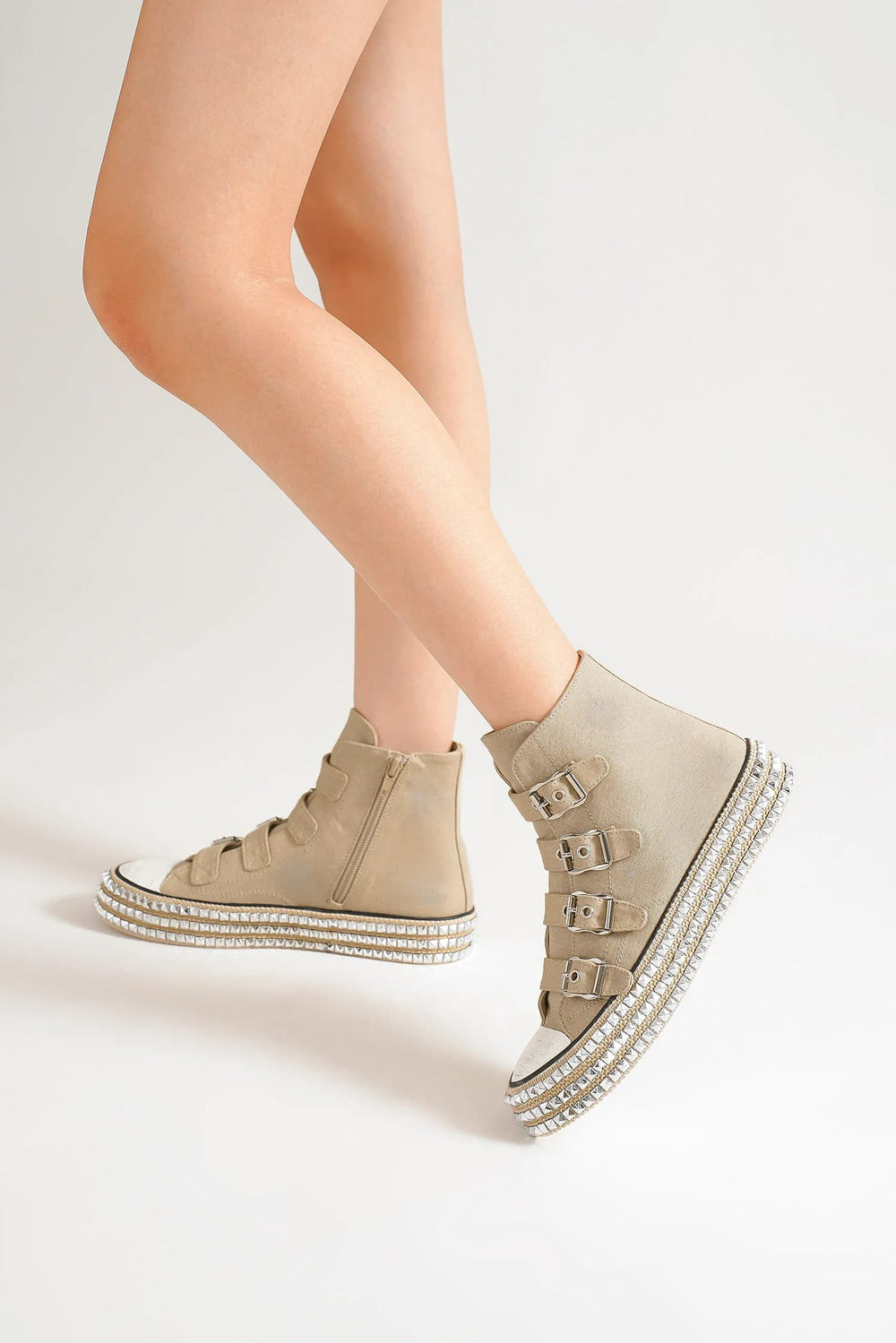 Beast Fashion Multi-Buckle Straps Studded Platform Sneakers - Trendsi