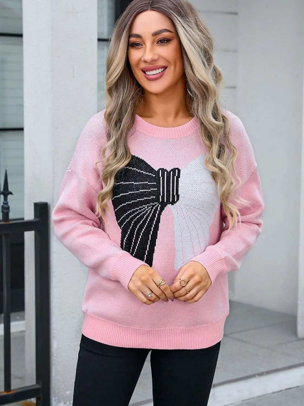 Angel Wings Bow Round Neck Dropped Shoulder Sweater - Trendsi - Flyclothing LLC