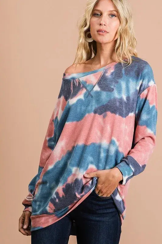 BiBi Tie Dye French Terry Pull Over with Front Stitching Detail - Trendsi - Flyclothing LLC