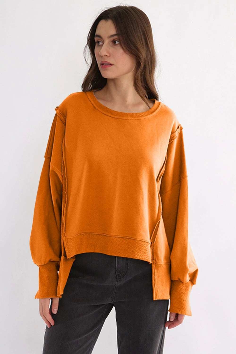 Exposed Seam High-Low Long Sleeve Sweatshirt - Trendsi - Flyclothing LLC
