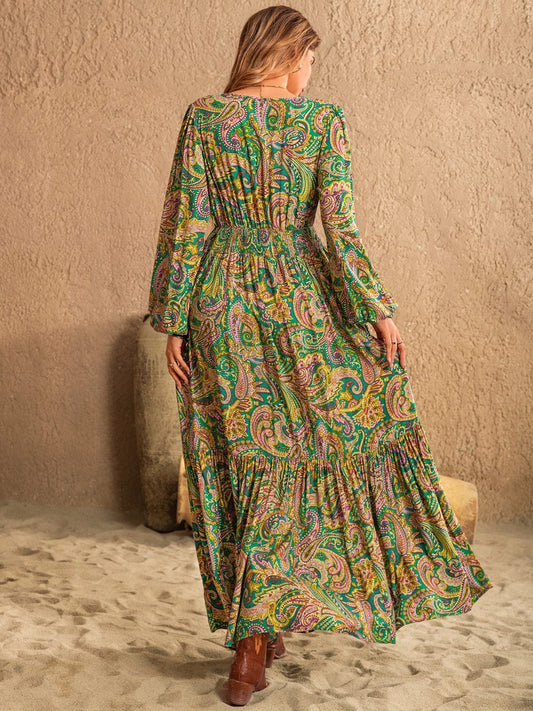 Printed Tie Neck Long Sleeve Dress - Trendsi