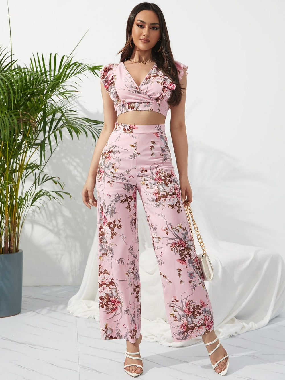 Printed Surplice Cap Sleeve Top and Pants Set - Trendsi