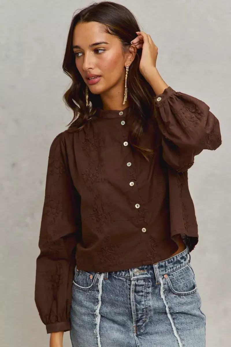 SO ME 3d Floral Woven Long Sleeve Front Button Shirt - Trendsi - Flyclothing LLC