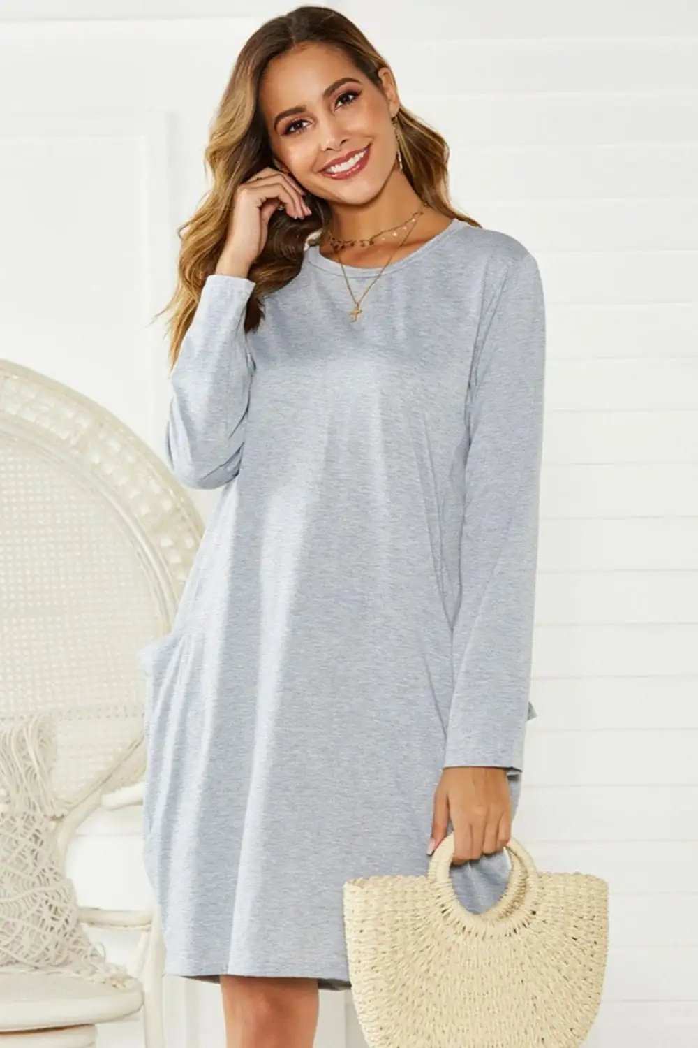 Pocketed Round Neck Long Sleeve Dress - Trendsi - Flyclothing LLC