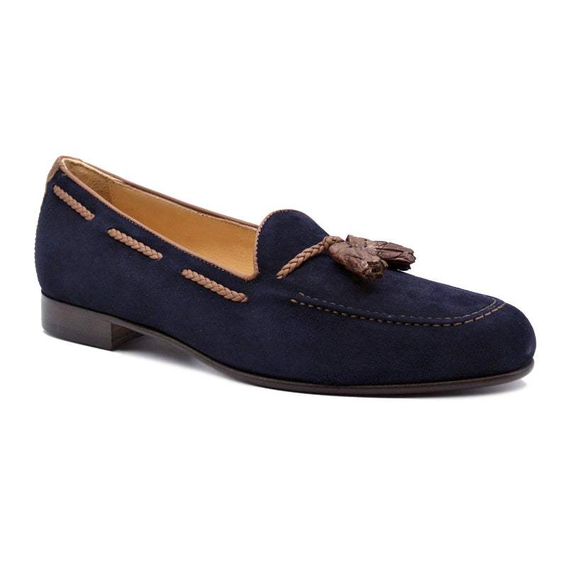 16-584-NVY NAPLES Italian Kid Suede with Embossed Crocodile Tassel Loafer, Navy - Zelli Italia - Flyclothing LLC