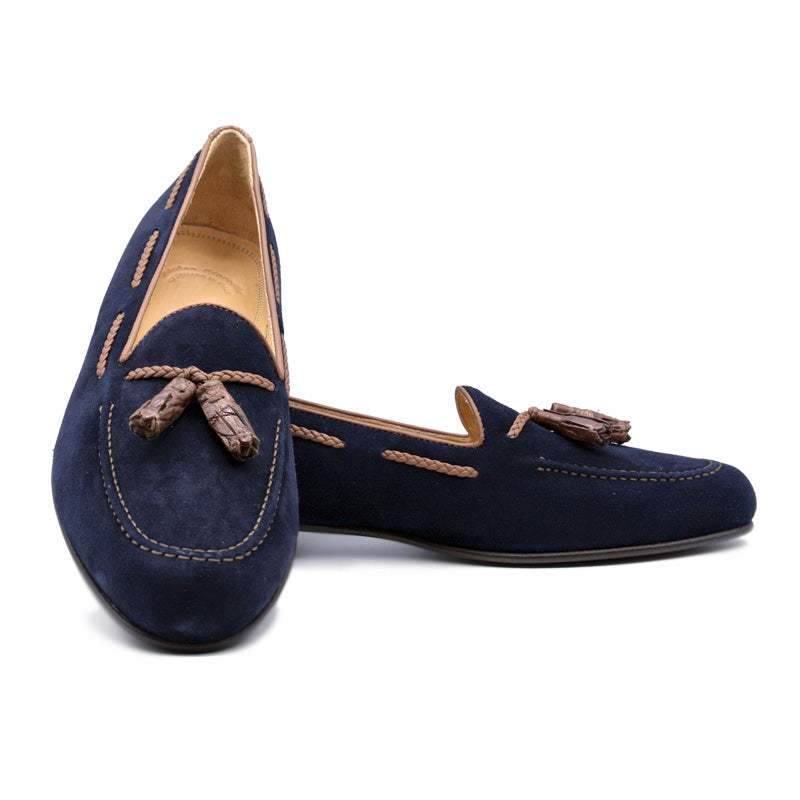 16-584-NVY NAPLES Italian Kid Suede with Embossed Crocodile Tassel Loafer, Navy - Zelli Italia - Flyclothing LLC