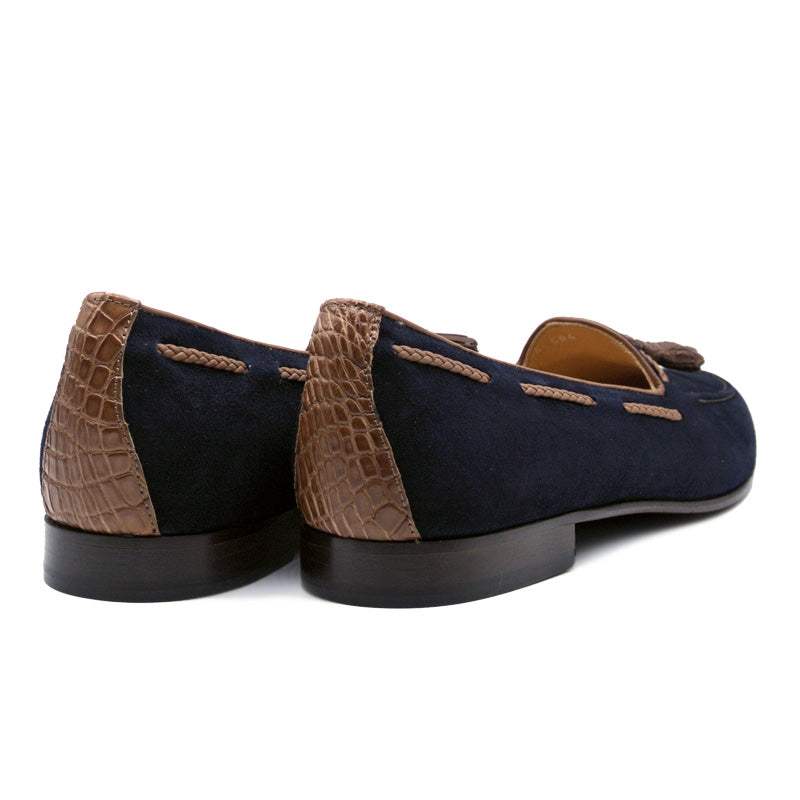 16-584-NVY NAPLES Italian Kid Suede with Embossed Crocodile Tassel Loafer, Navy - Zelli Italia - Flyclothing LLC