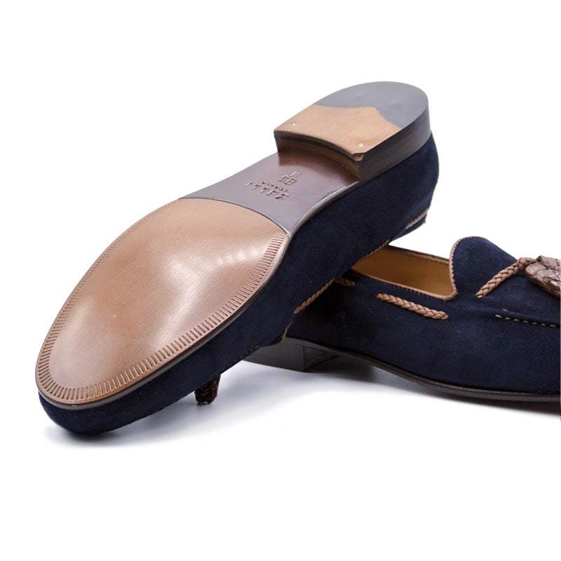16-584-NVY NAPLES Italian Kid Suede with Embossed Crocodile Tassel Loafer, Navy - Zelli Italia - Flyclothing LLC