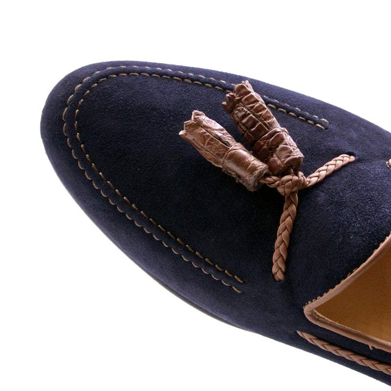 16-584-NVY NAPLES Italian Kid Suede with Embossed Crocodile Tassel Loafer, Navy - Zelli Italia - Flyclothing LLC