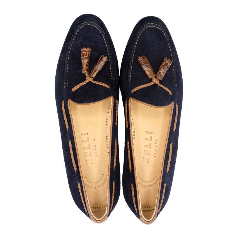 16-584-NVY NAPLES Italian Kid Suede with Embossed Crocodile Tassel Loafer, Navy - Zelli Italia - Flyclothing LLC