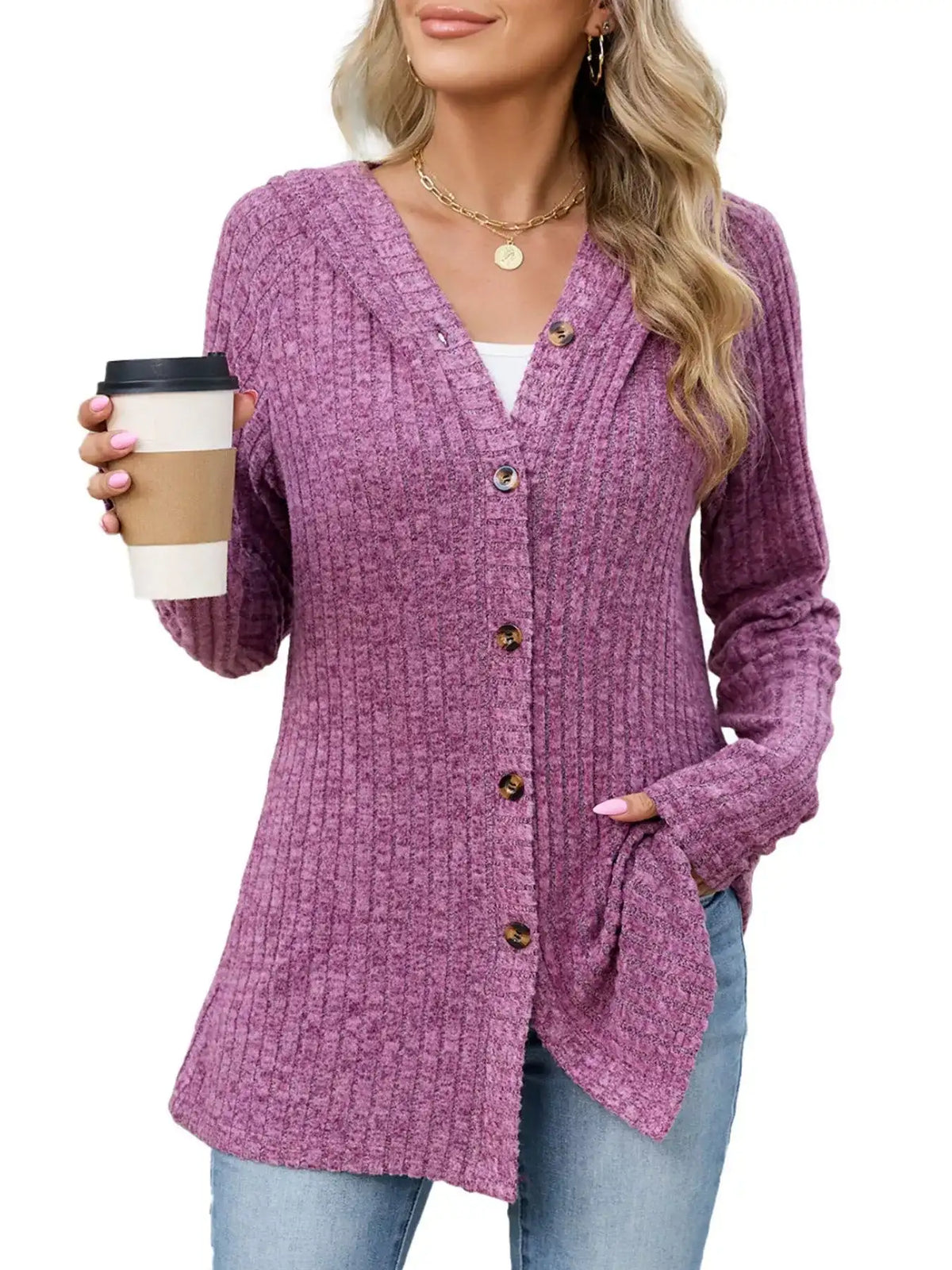 Ribbed Knit Hooded Button-Down Cardigan - Trendsi - Flyclothing LLC