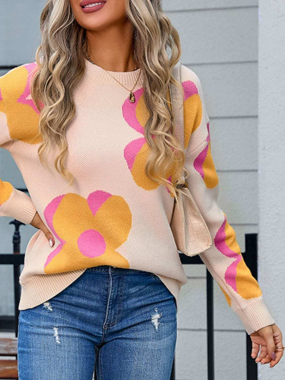 Angel Wings Flower Round Neck Long Sleeve Sweater - Trendsi - Flyclothing LLC