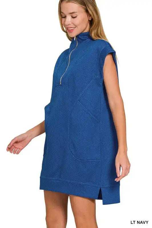 Zenana Textured Knit Jacquard Quarter Zipper Mini Dress - Trendsi - Flyclothing LLC