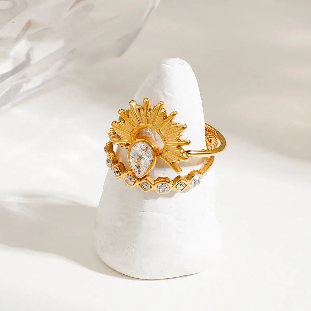 3 Piece Stainless Steel Rhinestone Sunburst Crown Ring - Trendsi - Flyclothing LLC