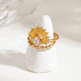 3 Piece Stainless Steel Rhinestone Sunburst Crown Ring - Trendsi - Flyclothing LLC