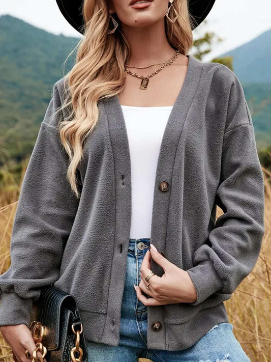 Shiny Button Down V-Neck Dropped Shoulder Jacket - Trendsi - Flyclothing LLC