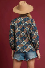 Umgee Abstract Print Ruffle Neck Top - Trendsi - Flyclothing LLC