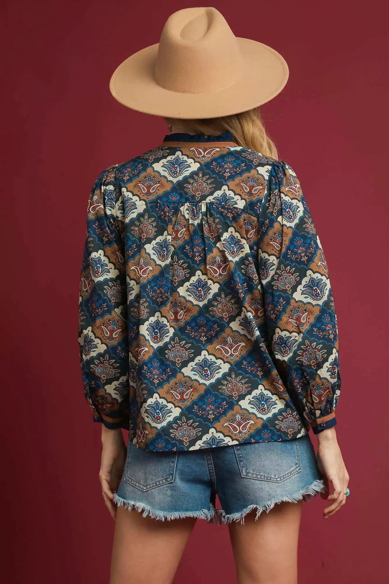 Umgee Abstract Print Ruffle Neck Top - Trendsi - Flyclothing LLC