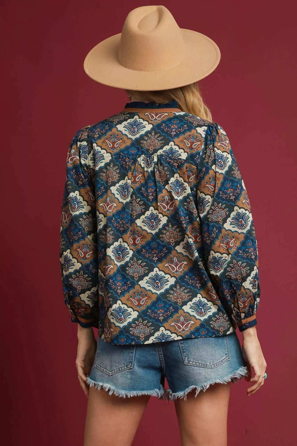 Umgee Abstract Print Ruffle Neck Top - Trendsi - Flyclothing LLC