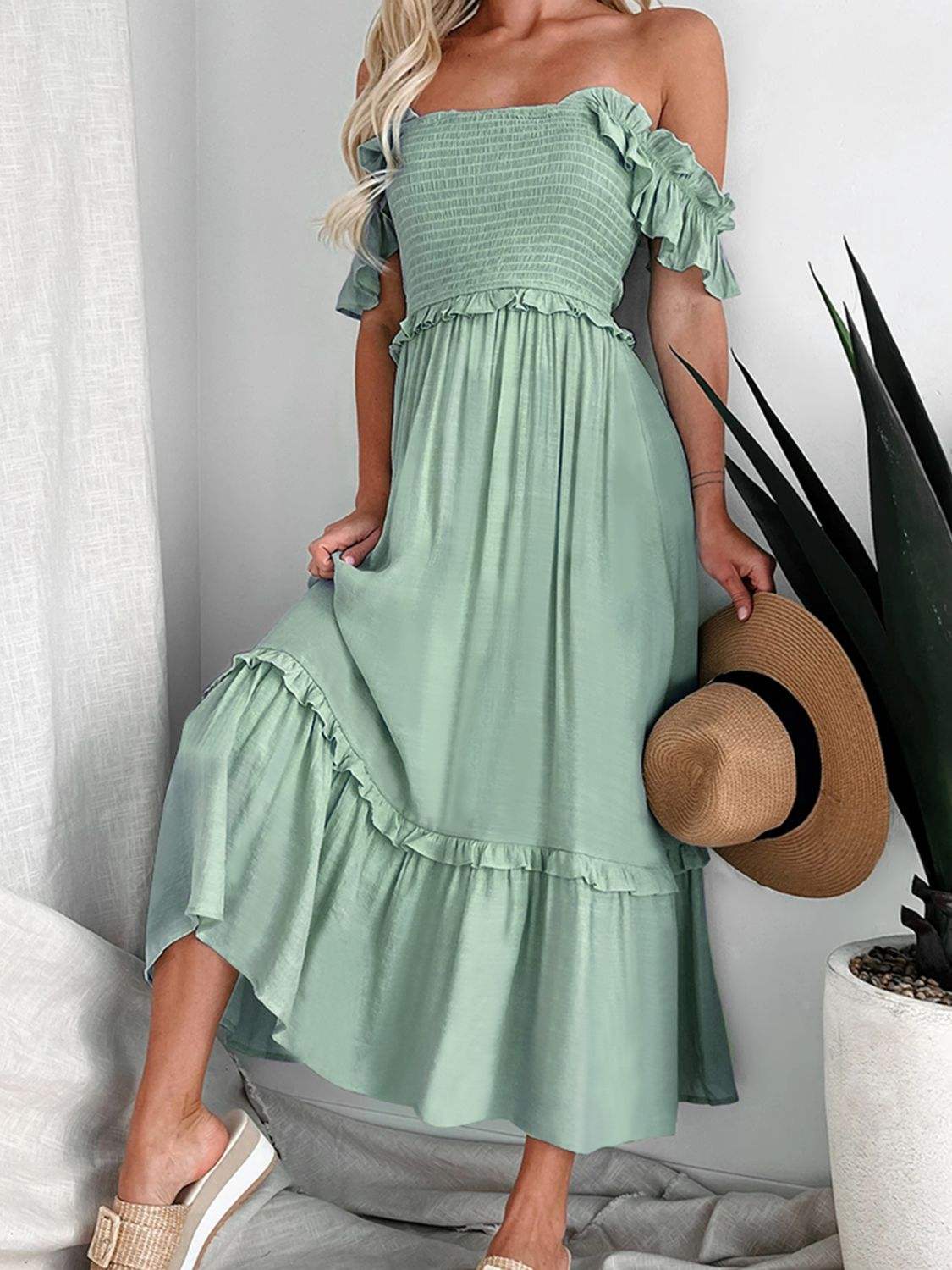 Frill Smocked Off-Shoulder Ruffle Sleeve Dress - Trendsi - Flyclothing LLC
