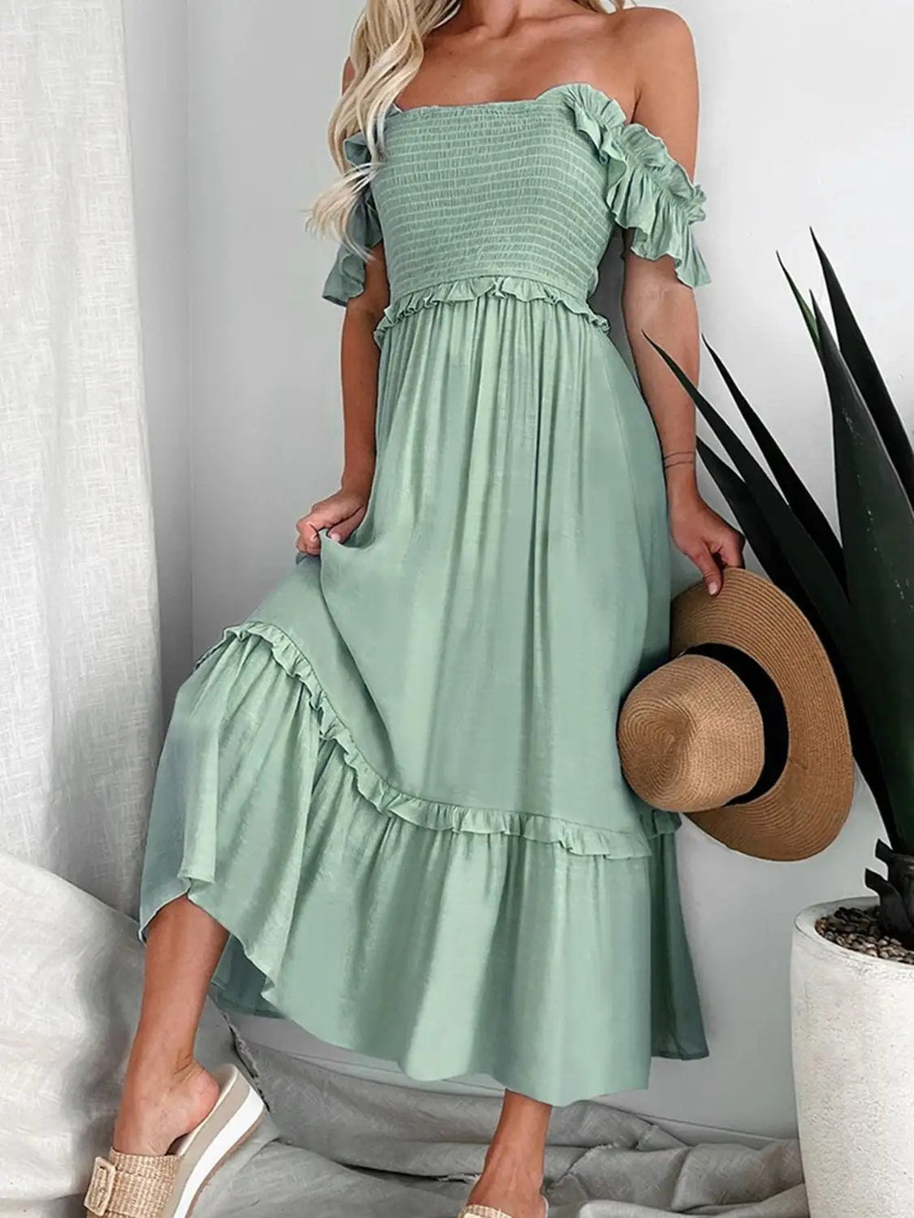 Frill Smocked Off-Shoulder Ruffle Sleeve Dress - Trendsi