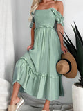 Frill Smocked Off-Shoulder Ruffle Sleeve Dress - Trendsi