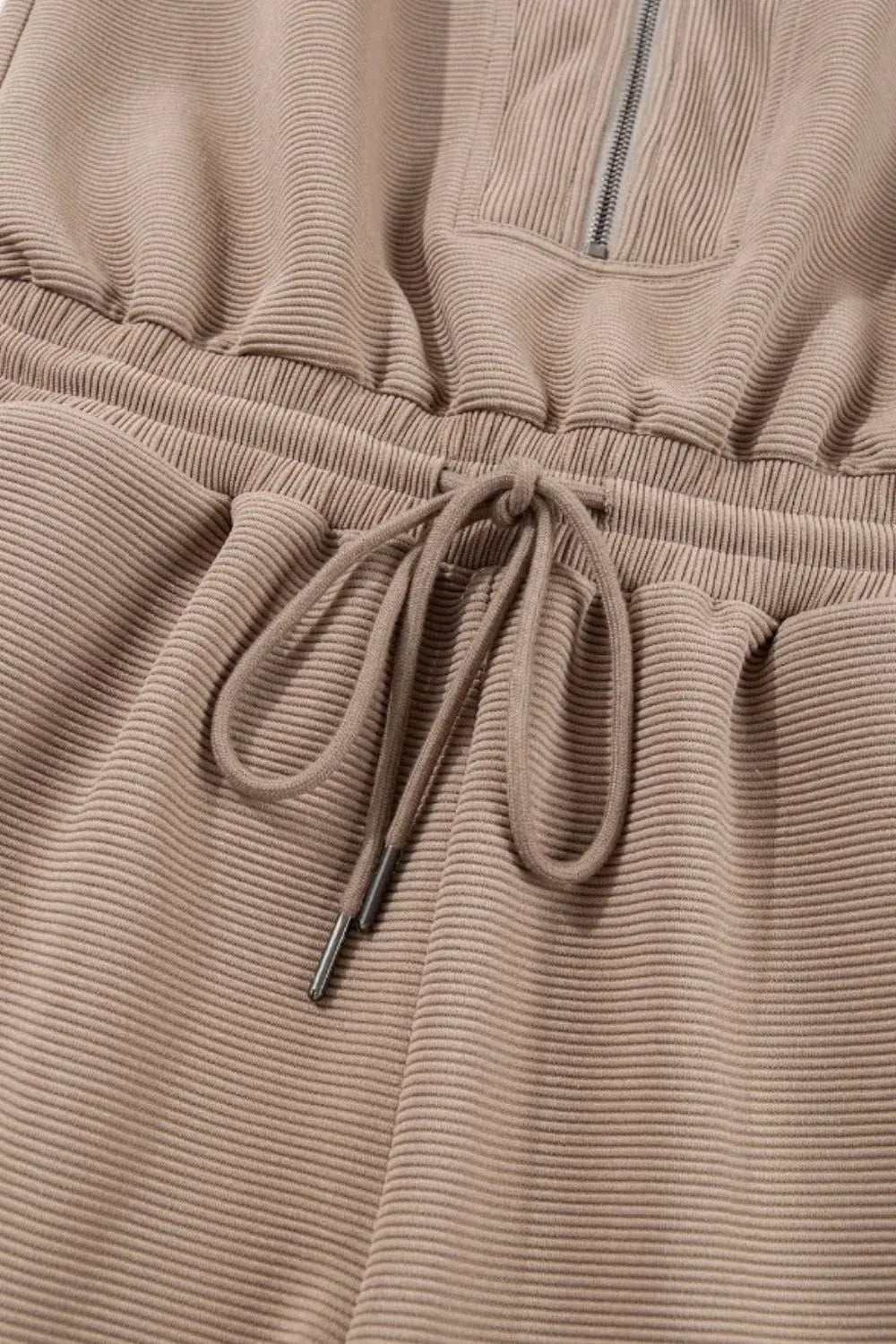 Textured Short Sleeve Half Zip Drawstring Waist Romper - Trendsi - Flyclothing LLC