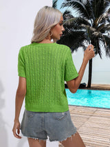 Cable-Knit Round Neck Short Sleeve Knit Top - Trendsi - Flyclothing LLC