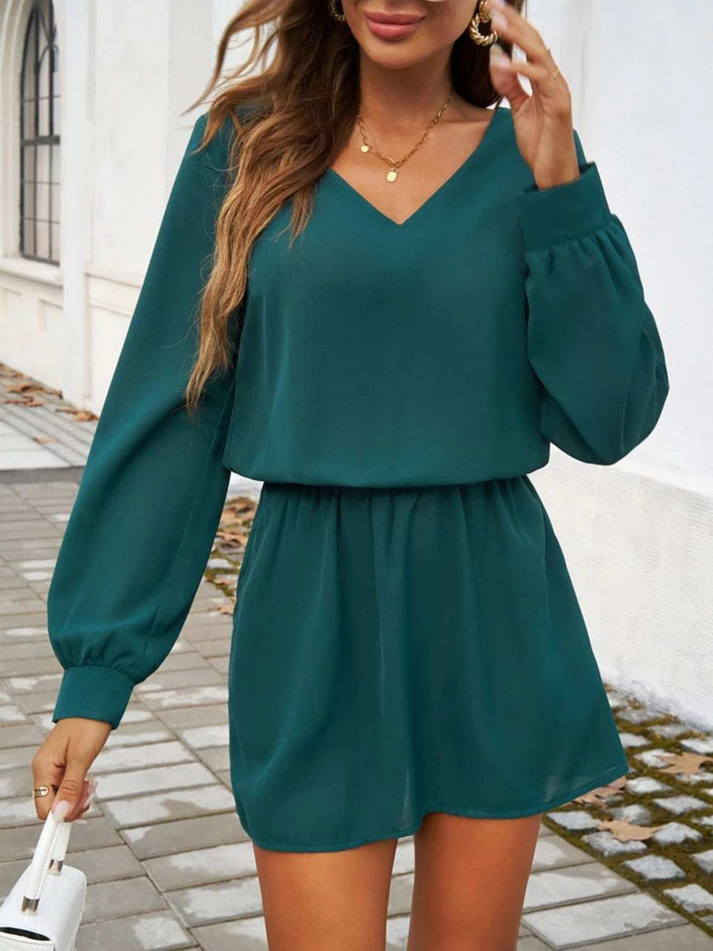 Cutout V-Neck Long Sleeve Mini Dress - Trendsi - Flyclothing LLC