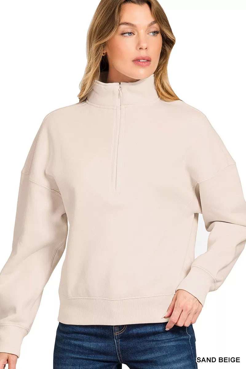 Zenana Fleece High Neck Half Zip Sweatshirt - Trendsi - Flyclothing LLC