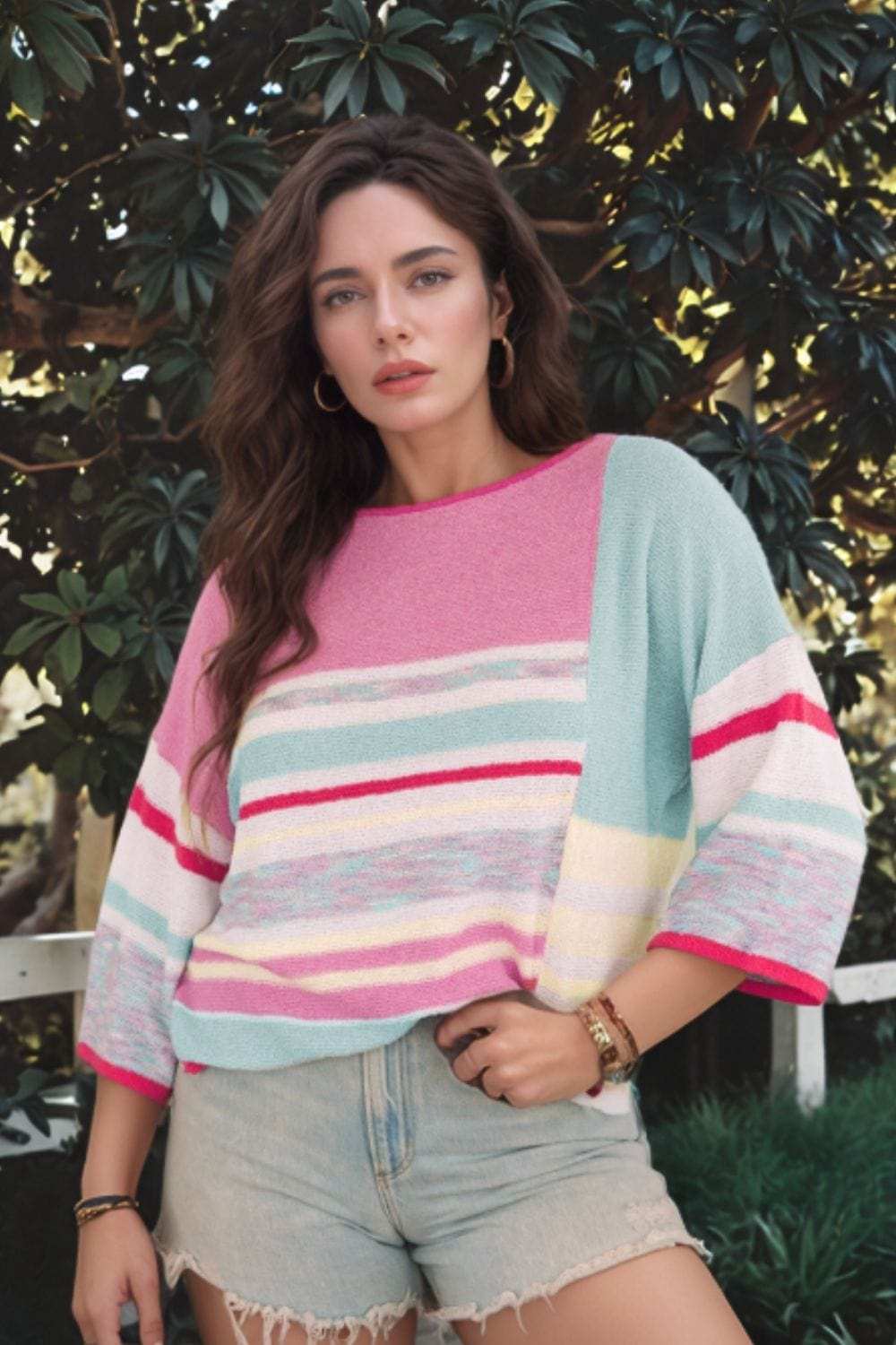 Contrast Round Neck Three-Quarter Sleeve Knit Top - Trendsi - Flyclothing LLC