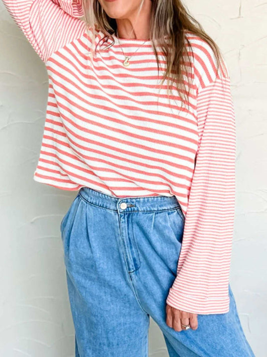 Striped Long Sleeve Ribbed Blouse - Trendsi - Flyclothing LLC