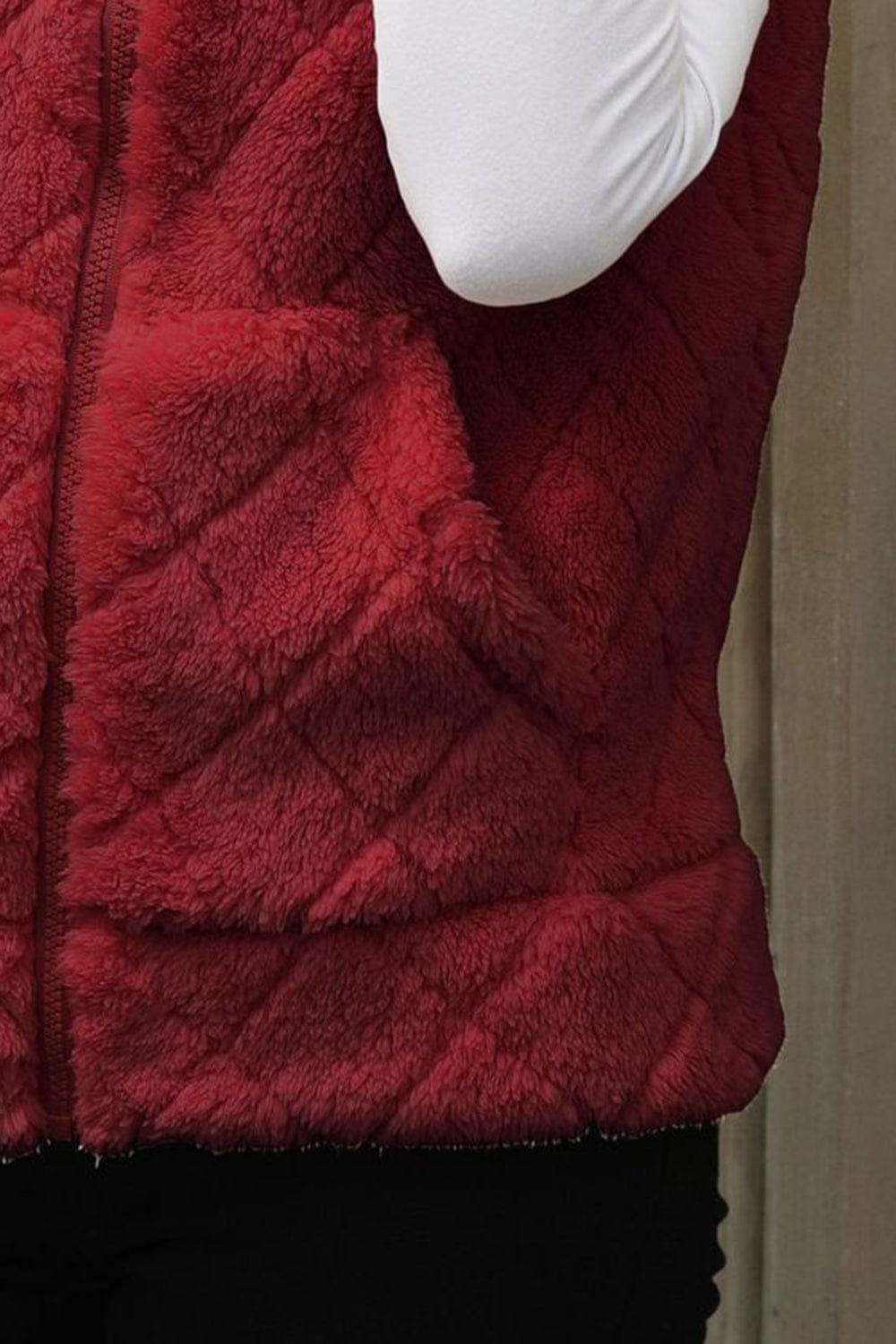 Fuzzy Plaid Texture Zip Up Vest Coat - Trendsi