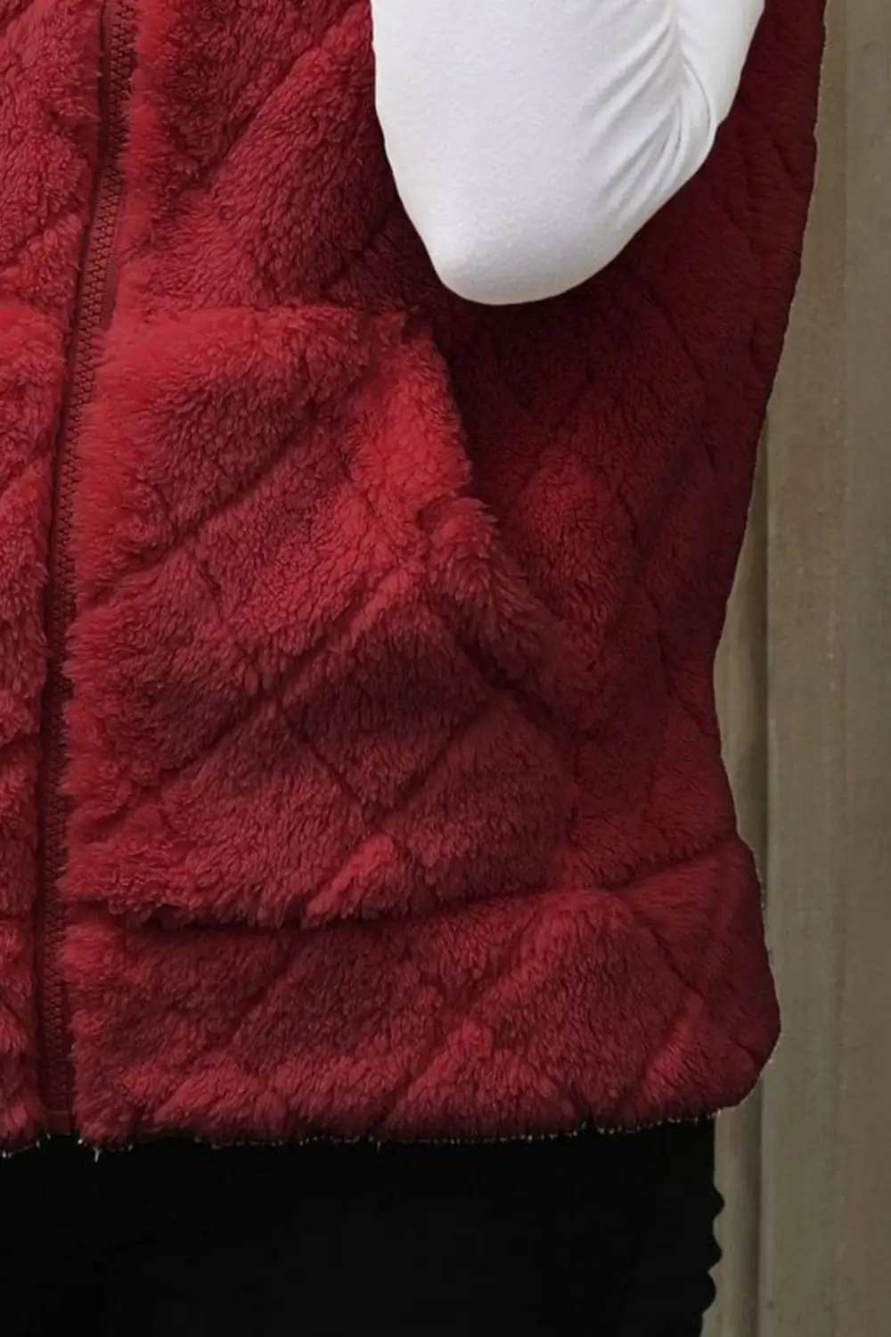 Fuzzy Plaid Texture Zip Up Vest Coat - Trendsi - Flyclothing LLC