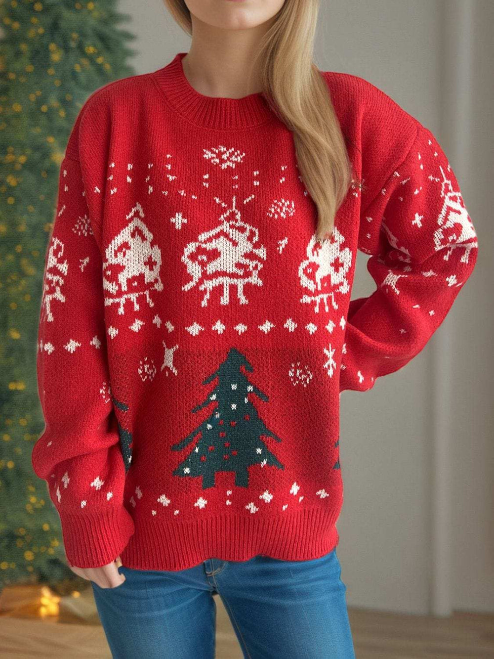 Christmas Element Round Neck Long Sleeve Sweater - Trendsi - Flyclothing LLC
