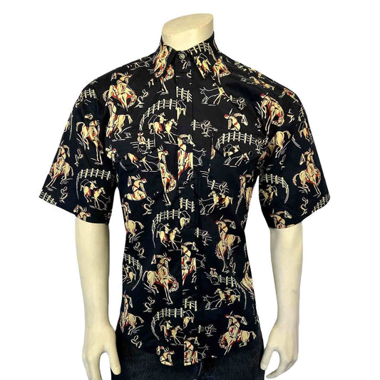 Rockmount Ranch Ware Men's Vintage Black Short Sleeve Bronc Print Western Shirt - Rockmount Clothing - Flyclothing LLC