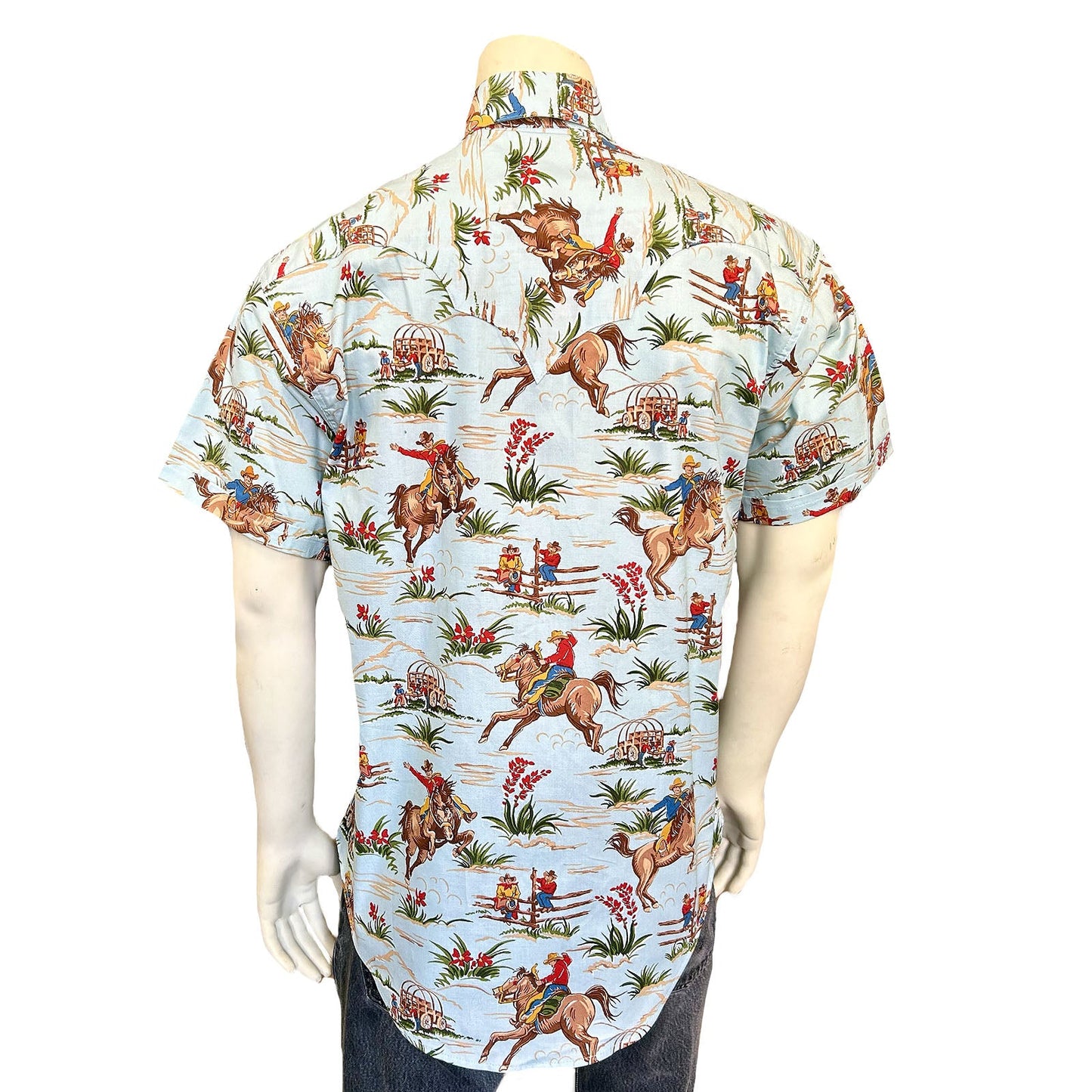Rockmount Ranch Wear Menâ€™s Vintage Western Print Light Blue Short Sleeve Shirt - Rockmount Clothing - Flyclothing LLC